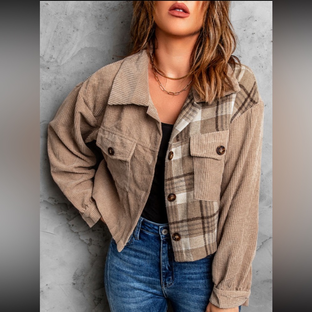Light Brown Corduroy Plaid Shacket